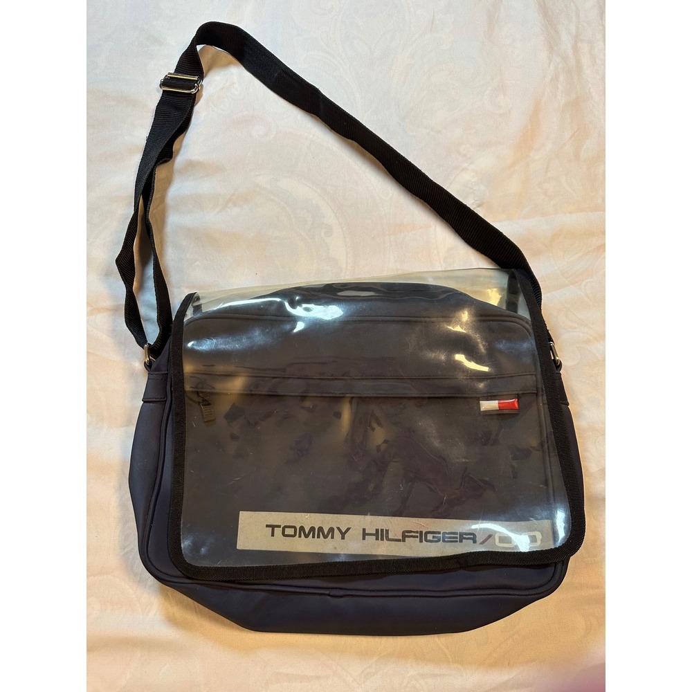 Tommy Hilfiger Navy Blue Nylon Messenger Bag Clear PVC Flap Y2K Crossbody